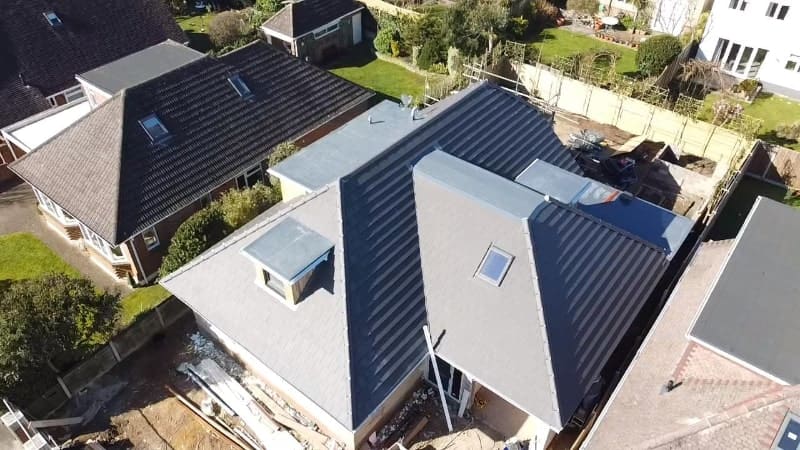 Aerial drone view of a pitched roof survey